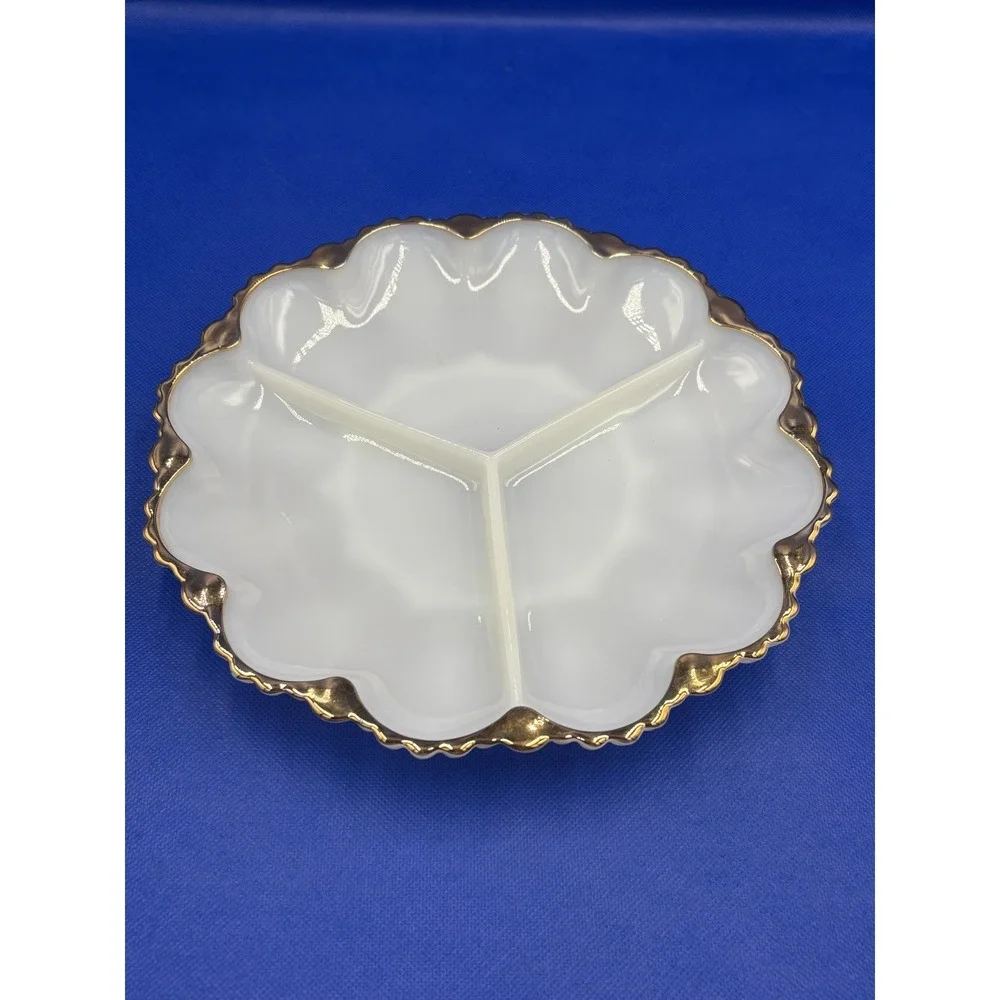 Vintage Fire King Anchor Hocking Milk Glass Divided‎ Dish with Gold Foil Edge
